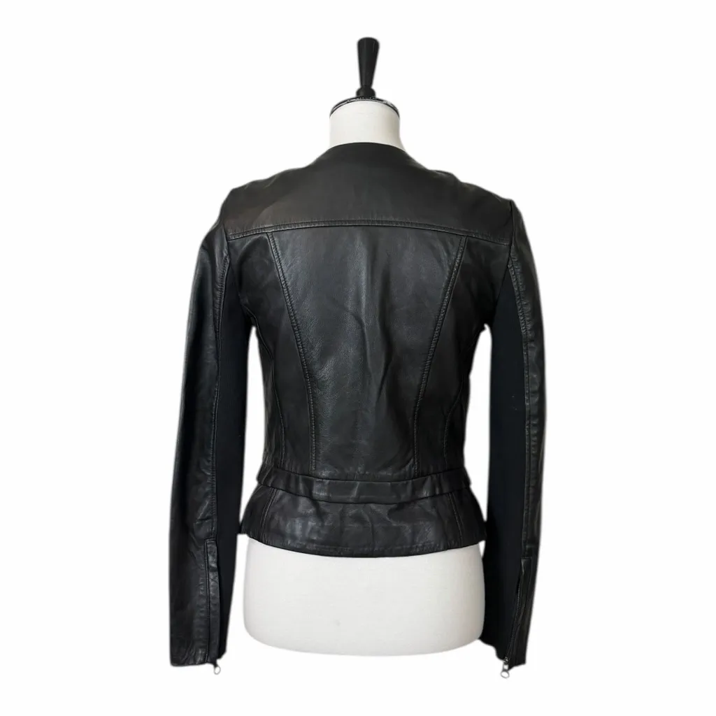 Halogen Black Genuine Leather Jacket Collarless Zip Front Women’s Size Small - Image 6