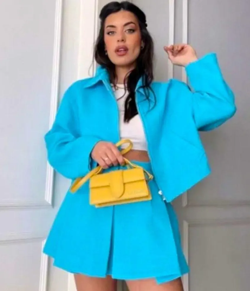 ZARA Cropped Bomber Tweed Weave Textured Zip Jacket Blue Size XS NEW - Image 2