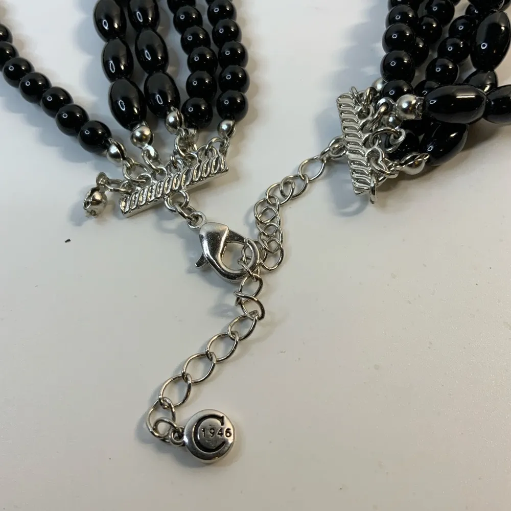 C1946 necklace 5 Strand jet black plastic faceted beads w/ silver tone accents - Image 5