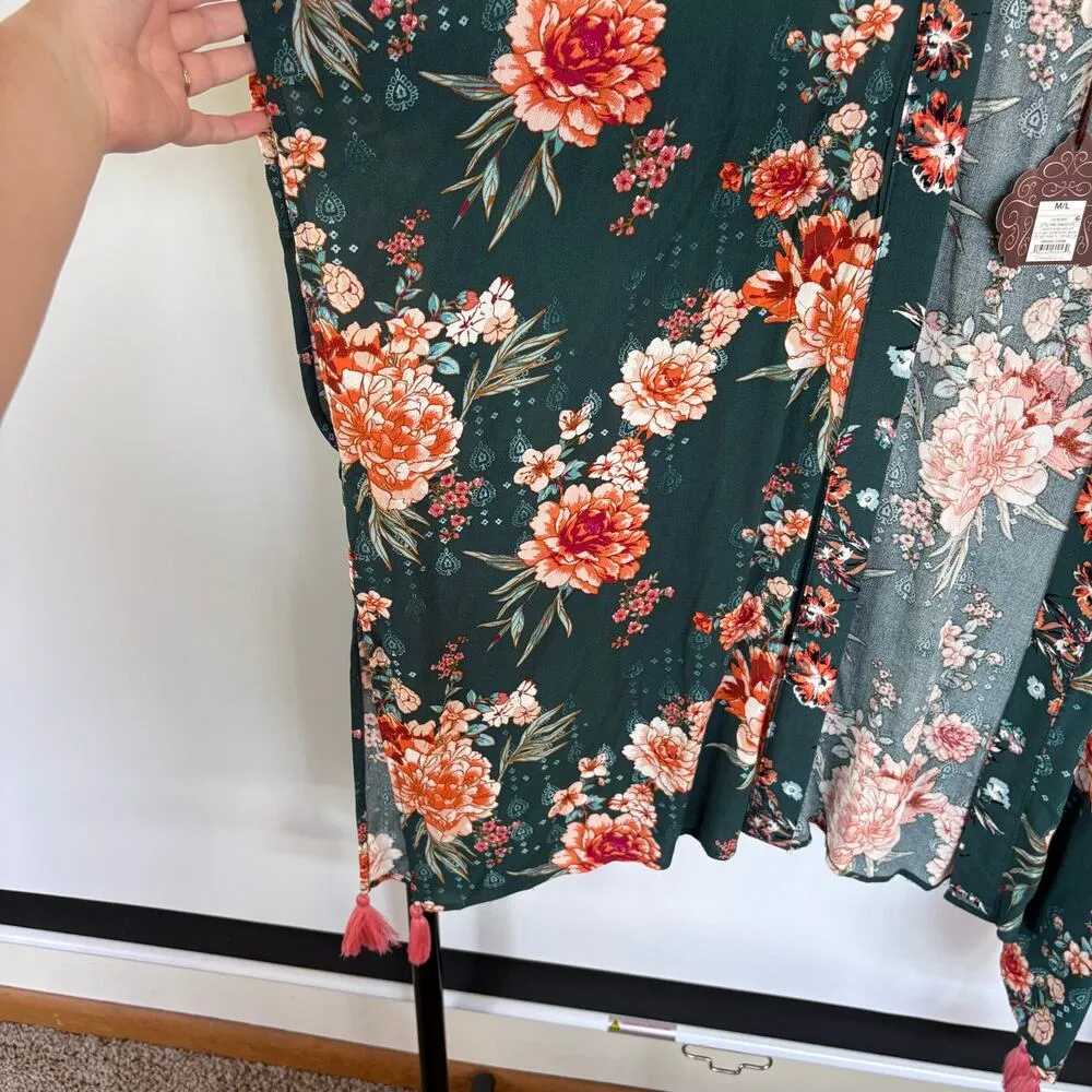 NWT Knox Rose Teal Floral Kimono Top Tassels Bohemian Flowy Feminine Resortwear - Image 4