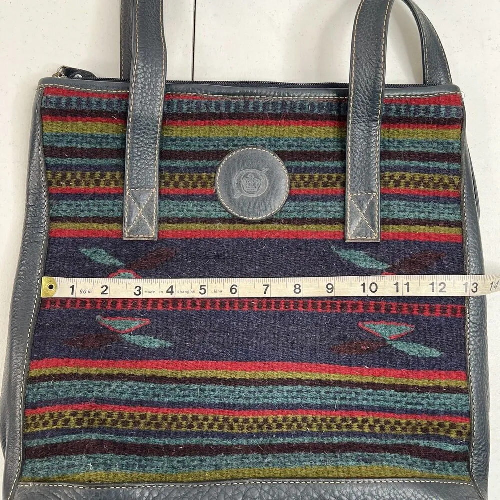 BORN Southwestern Aztec Tote Boho Wool Leather Shopper Blanket Bag Navy - Image 15