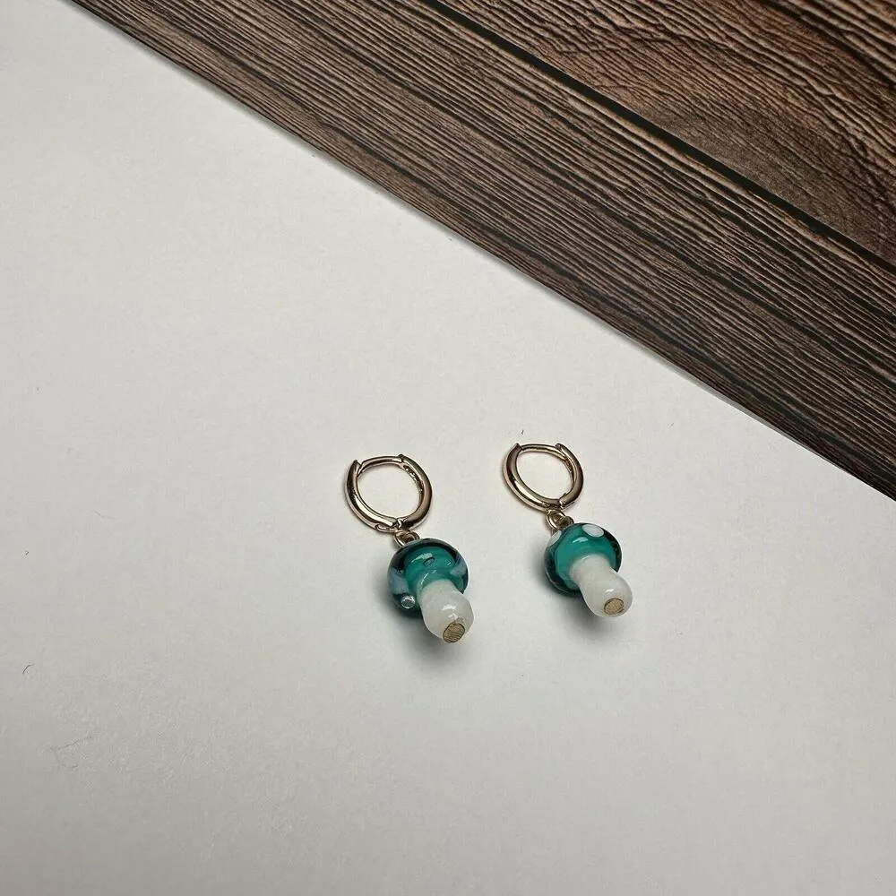 White & Blue Glass Mushroom Gold Tone Hoop With Dangle Drop Pierced Earrings - Image 7