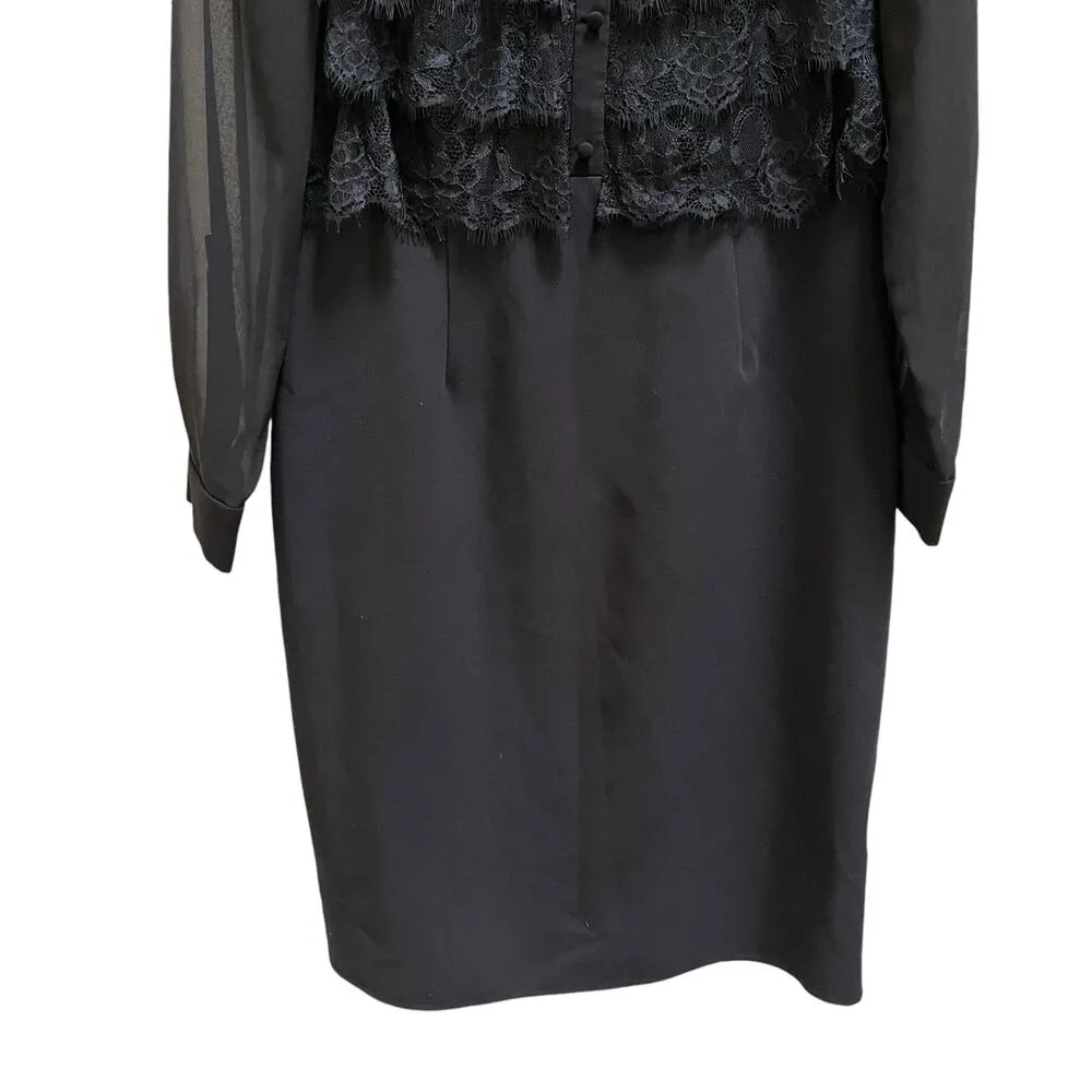 Mikael Aghal Vintage Black Sheer Lace Long Sleeve Button Front Sheath Dress 10 - Image 3