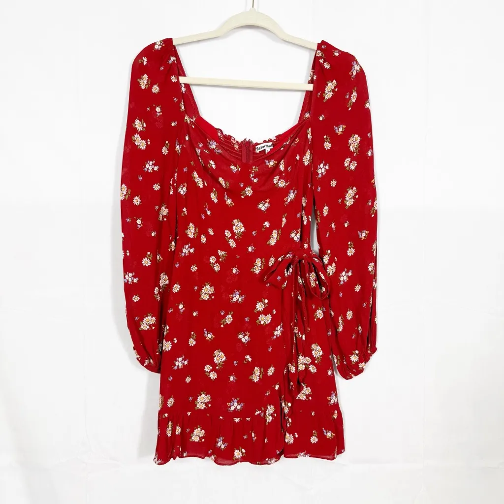 Reformation Cammi Floral Ruffle Wrap Mini Dress Cassia Red White - Image 2