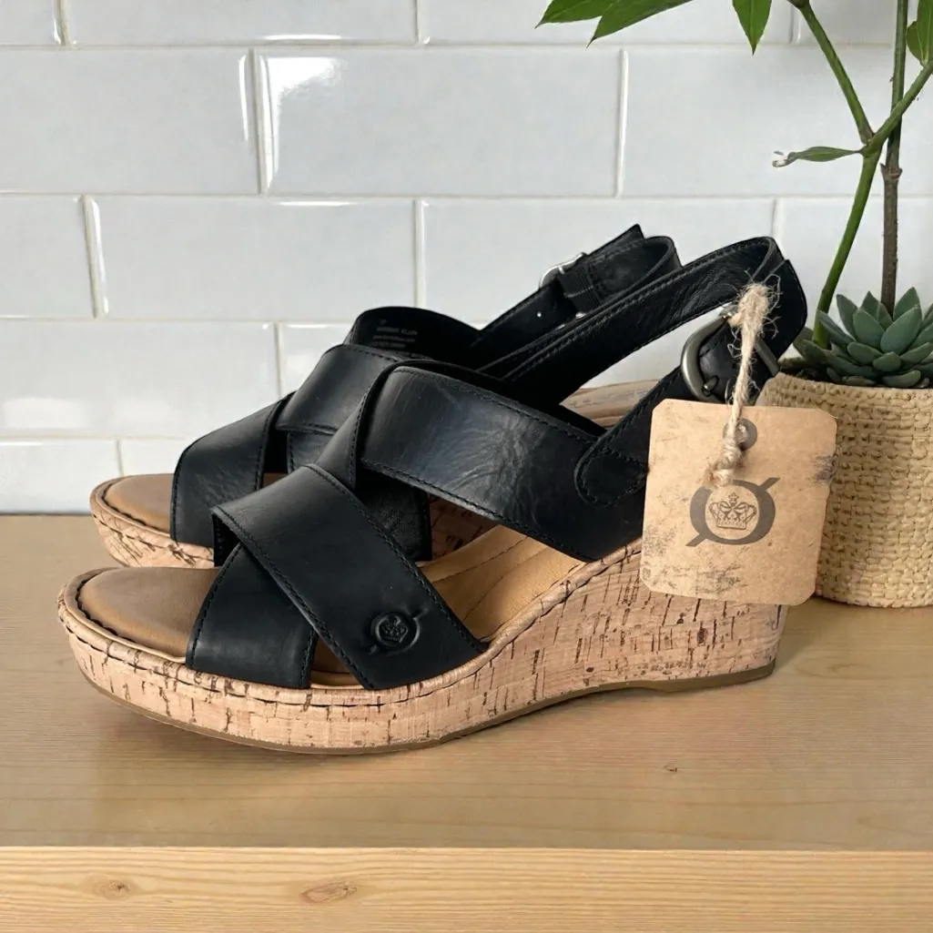 Born Alaina Wedge Sandals black leather 8 NEW - Image 11