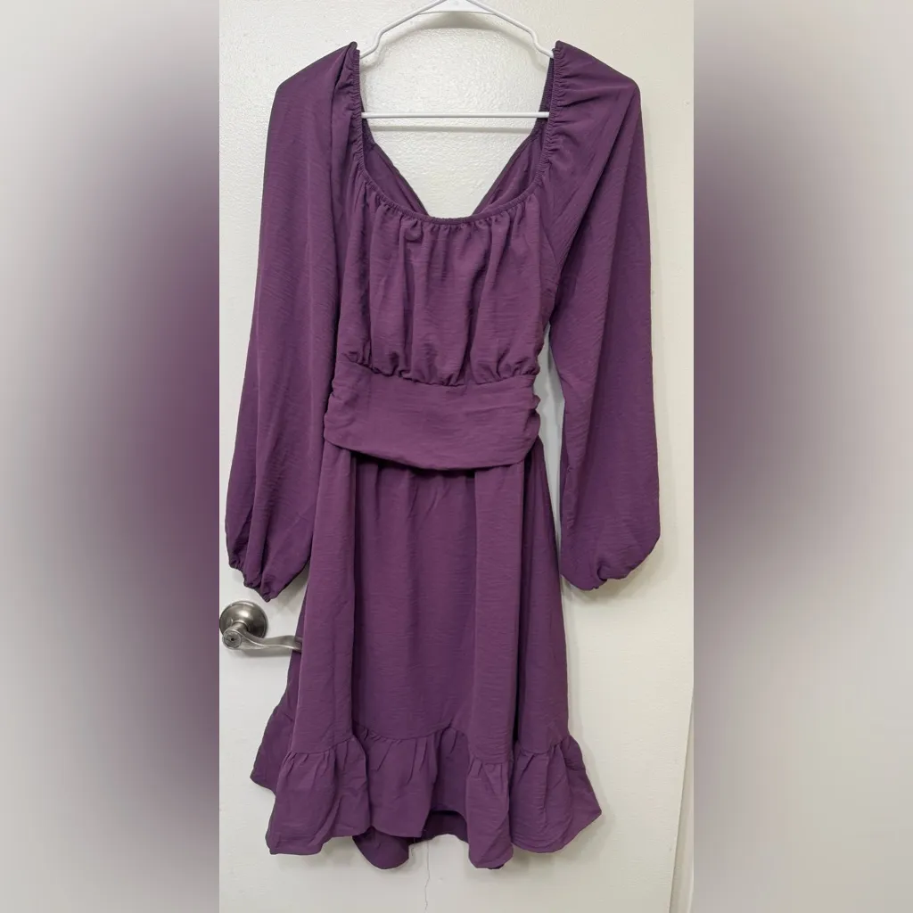 Long Lantern Sleeve Square Neck Tie Backless Dress Ruffle Elastic Waist Dress - Image 3