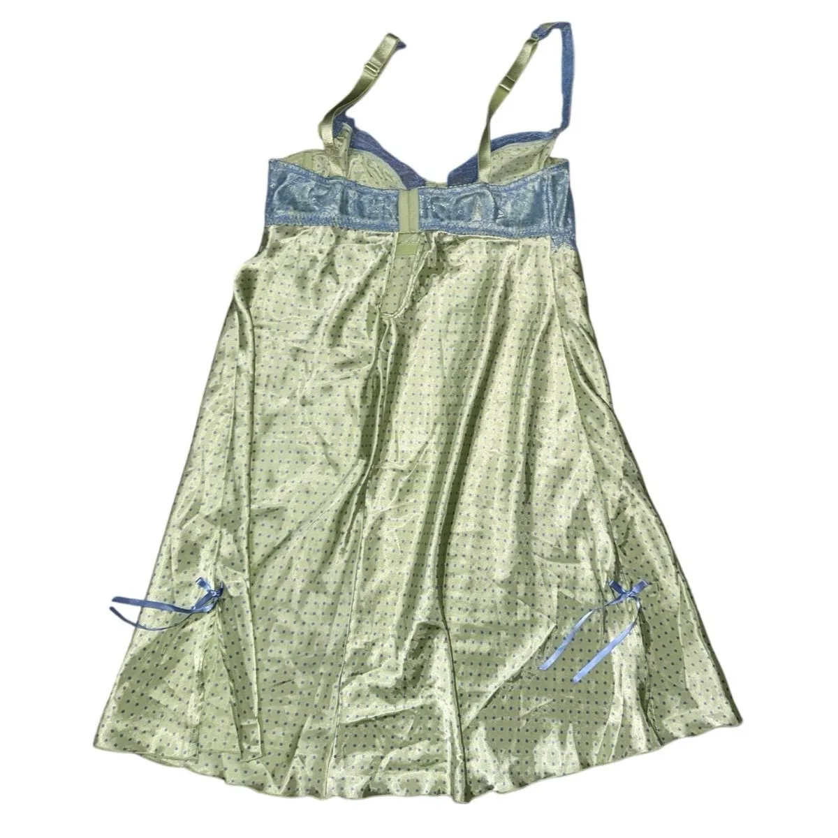 Cacique green blue bow slip dress nightgown nighty lace polka dot y2k 14/16 vtg - Image 2