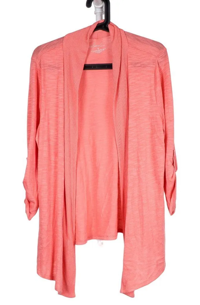Kim Rogers Cardigan Sweater M Womens Peach Orange Open Tab Sleeves Stretch - Image 1