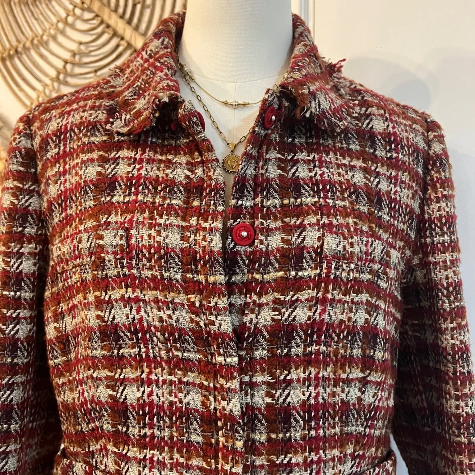 Vintage LaVia18 Made in Italy Wool Tweed Plaid Blazer Jacket Red Brown US 10 M - Image 4