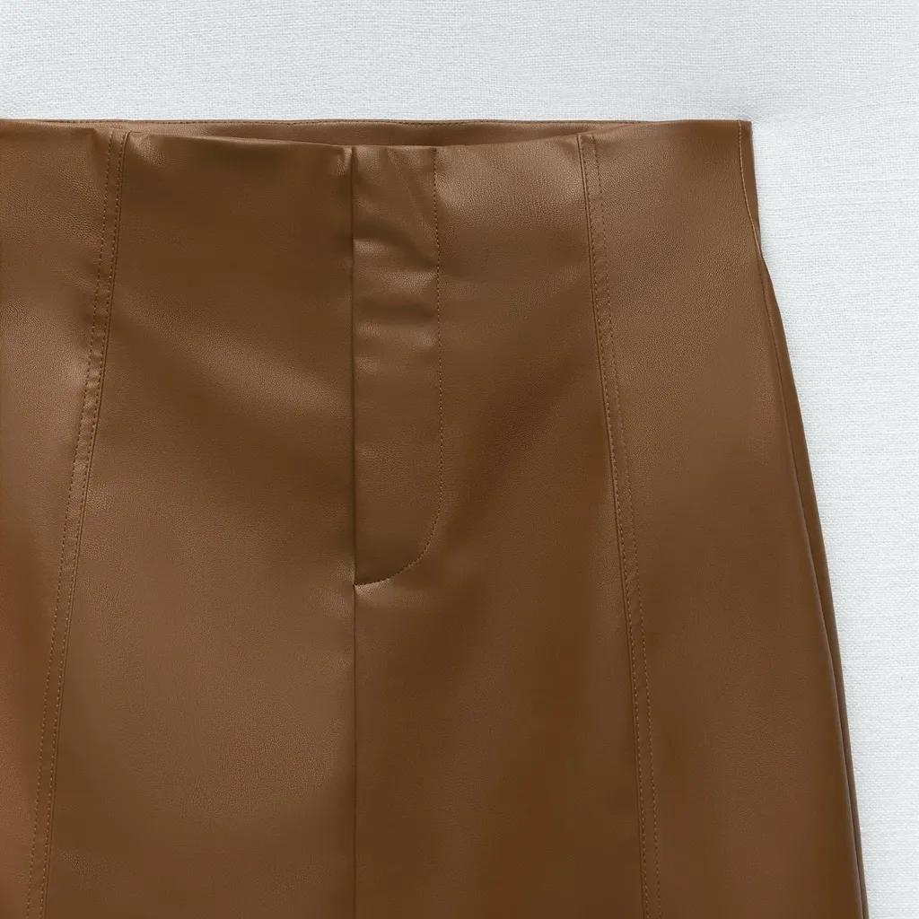 ZARA Brown Vegan Faux Leather Pronounced Seams High Waisted Mini Skirt Size‎ XXL - Image 5