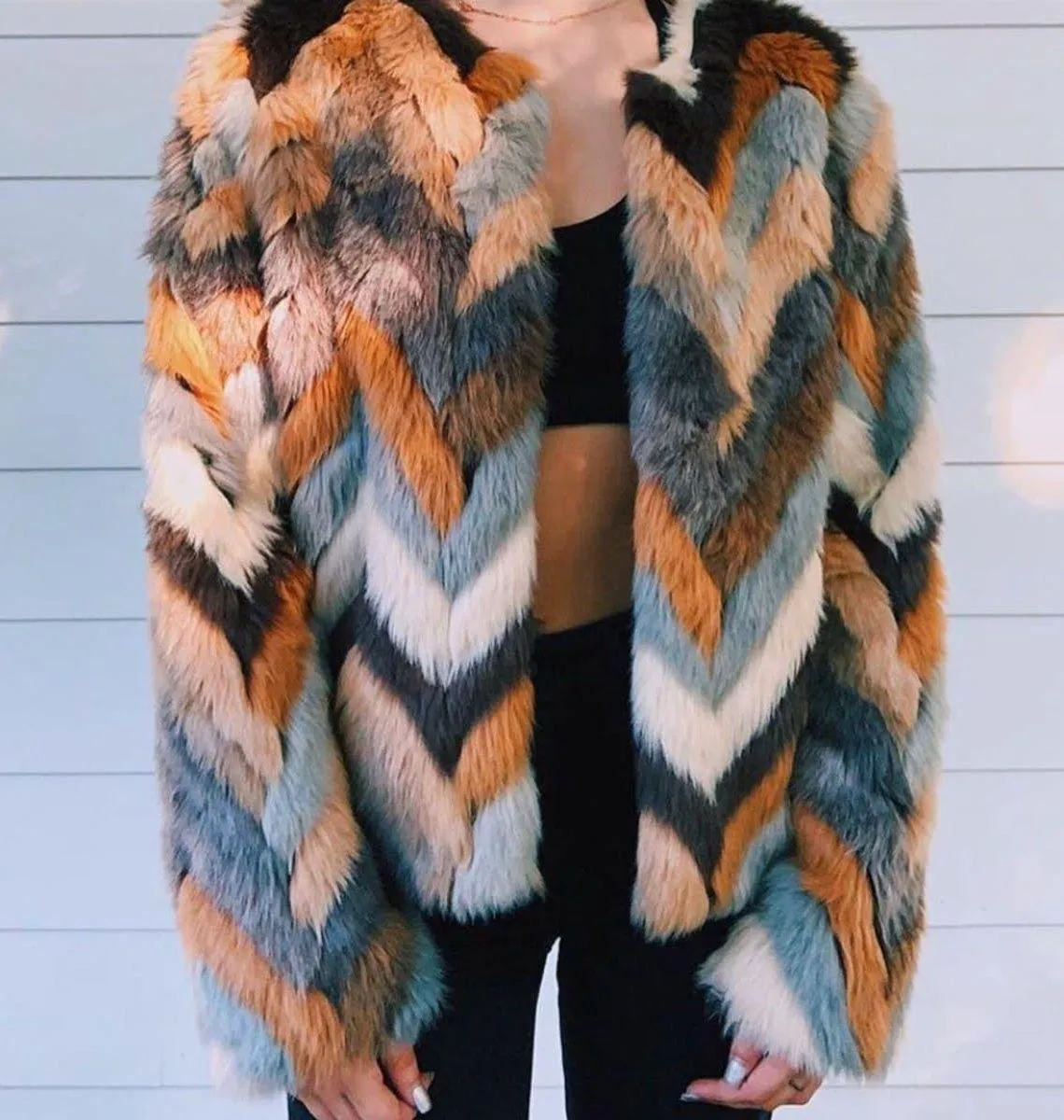 Willow & Clay Chevron Faux Fur Coat - Image 2