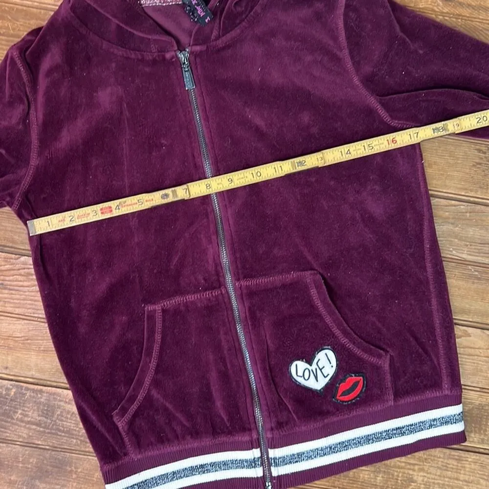Betsey Johnson vintage  90s velvet zip front hoodie love lips patches size med - Image 4
