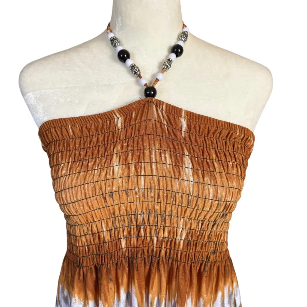 Paradise Contour brown white blue African print beaded tie dress size large - Image 5