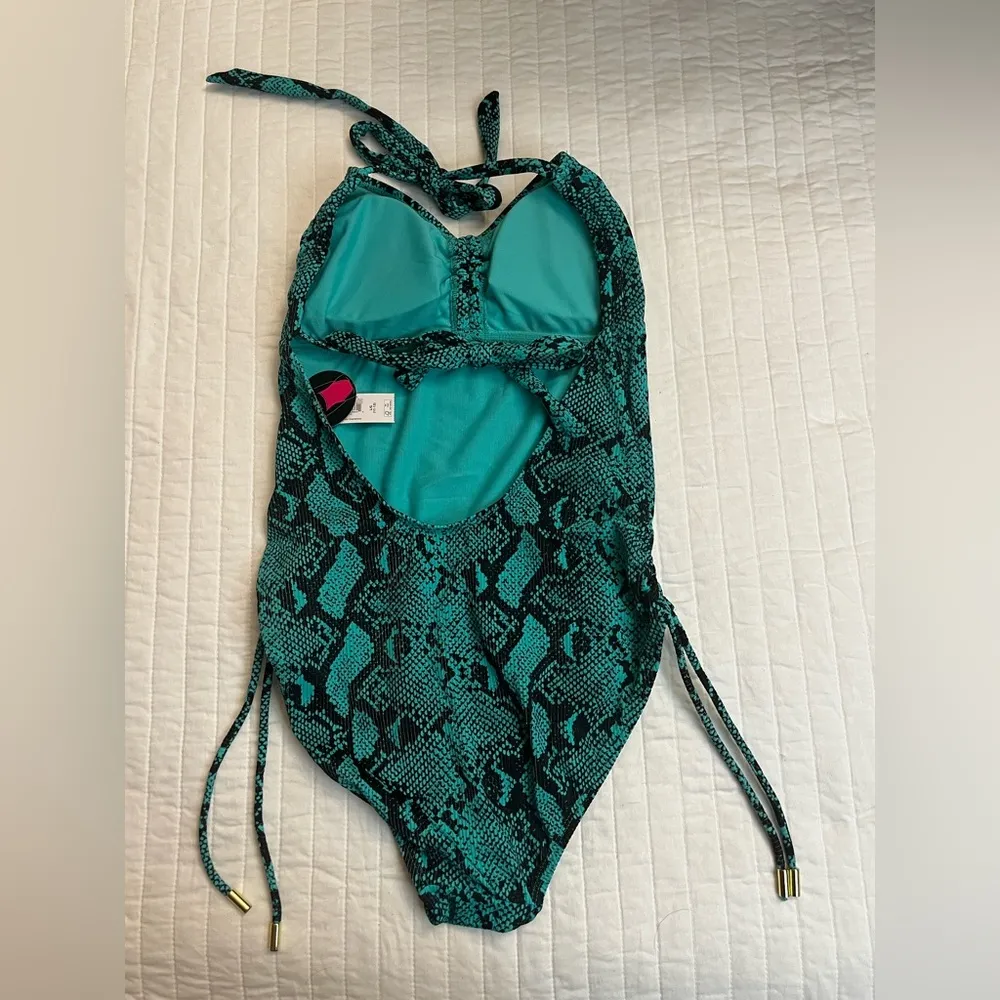No Boundaries Teal Green Snakeskin Ruched One Piece Swimsuit - Image 2
