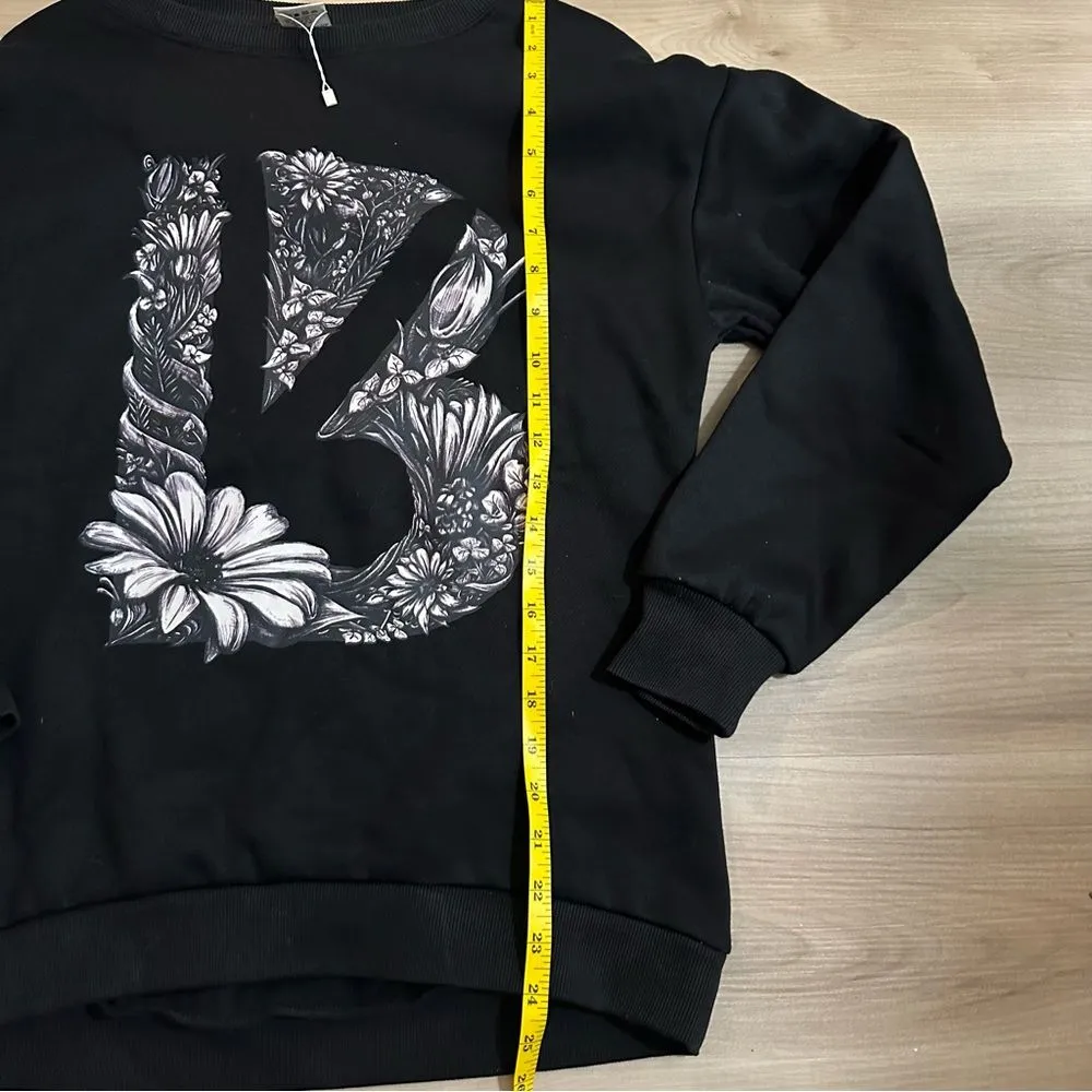 Buffbunny Black Crewneck Cozy Sweatshirt Size XS Floral Screen‎ Print - Image 7