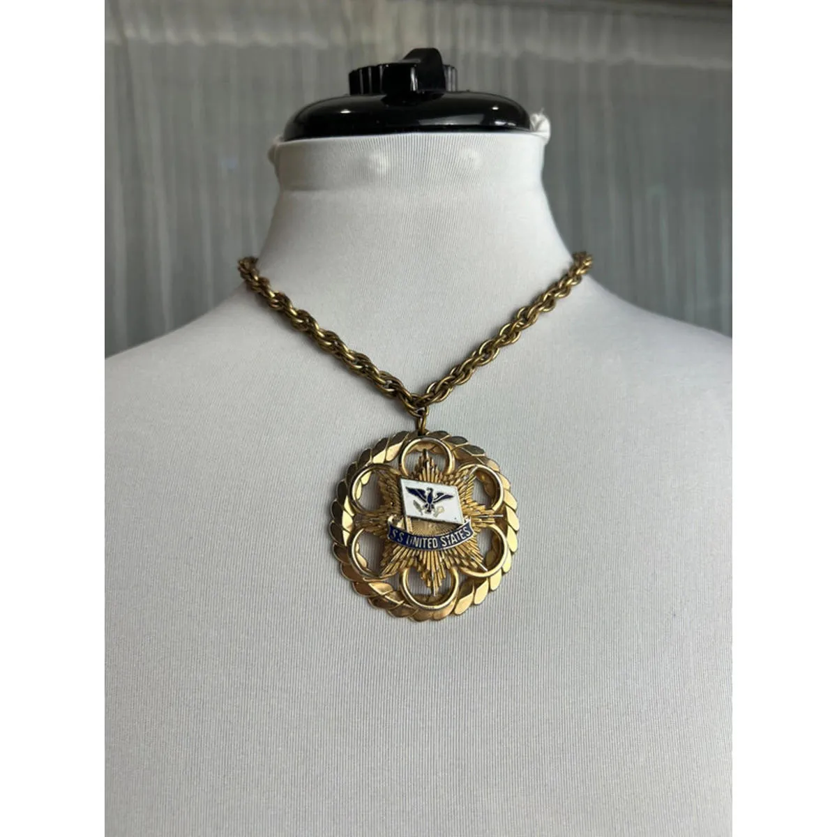Vintage USS United States Ship Medallion Necklace Gold Tone Rope Chain - Image 2