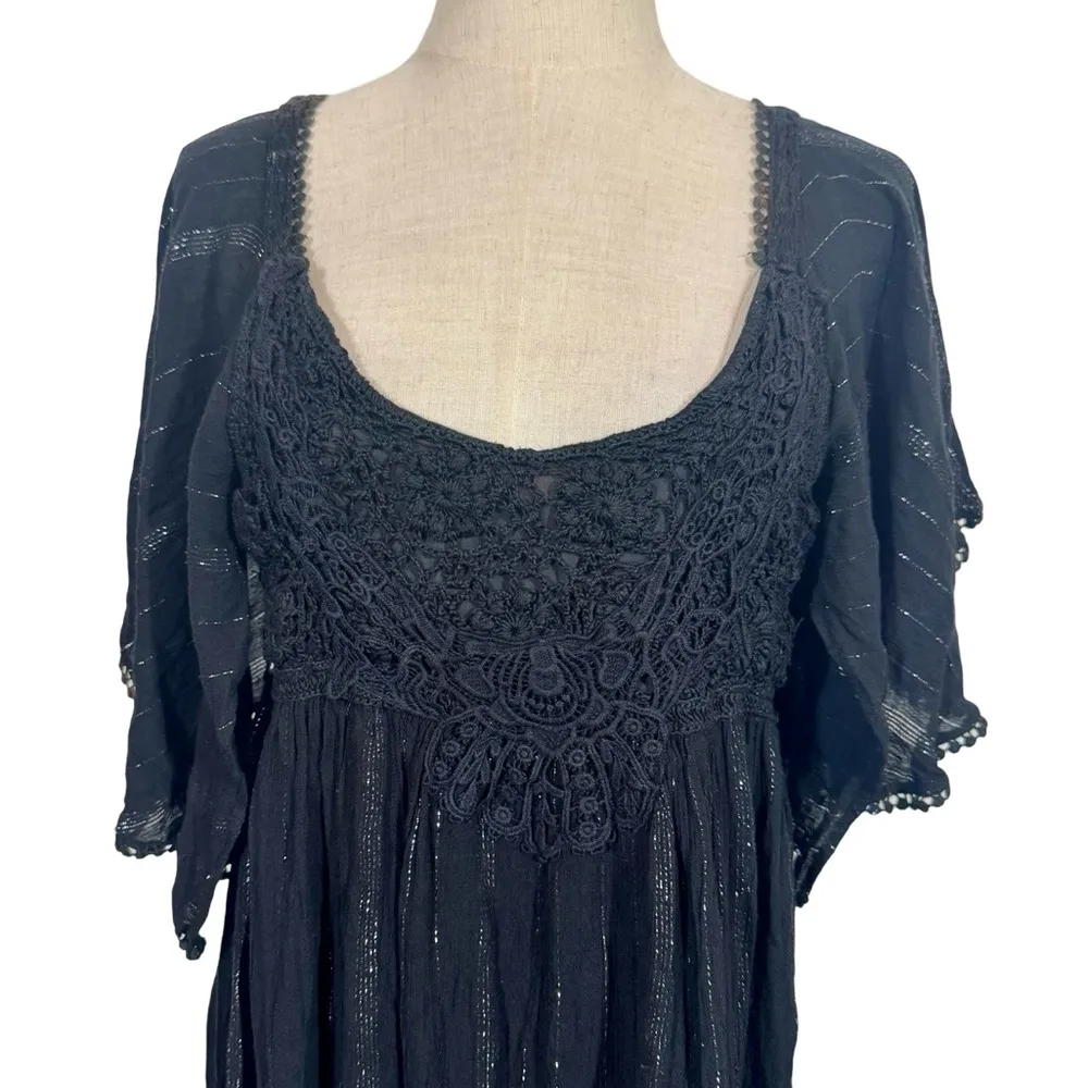 Anthropologie Farm Rio Luiza Metallic Crochet Flutter Sleeve Maxi Dress Black - Image 6
