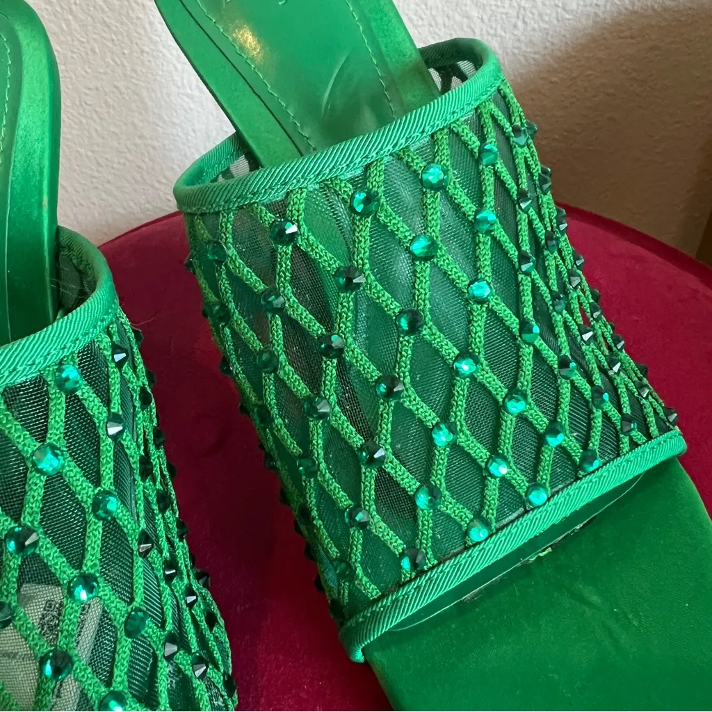 NWT Zara Green Square Toe Rhinestone Mesh Mule Stiletto Heels - Image 11