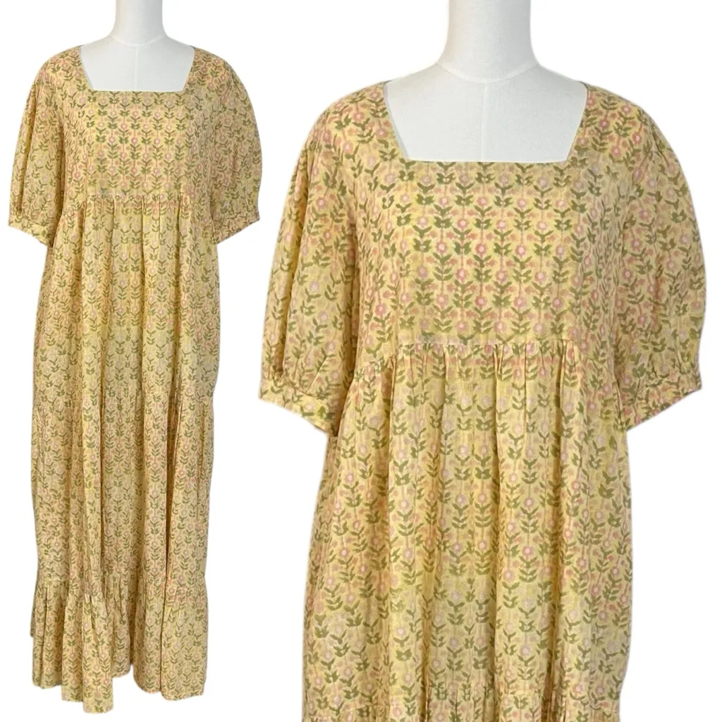 Sohana Dainty Ethereal Indian Cotton Block Print Maxi Dress Yellow Floral XL - Image 2