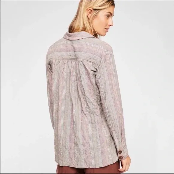 Free People High Tide Pink Sands Striped Button Down Shirt Womens Large Bohemian - Image 2