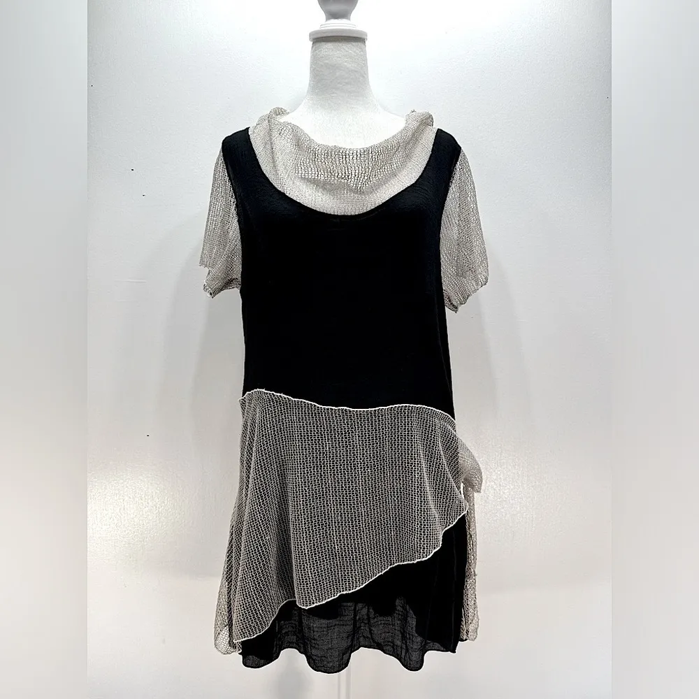 Black Crepe Tunic w Ruffles & Sequined Beige Mesh Accents by Firmiana Lily XL - Image 3