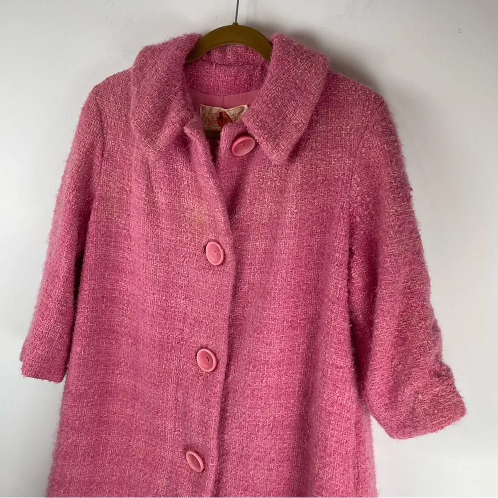 Vintage 50s 60s Pendleton Virgin Wool Swing Coat Pink Textured Tweed Button - Image 5