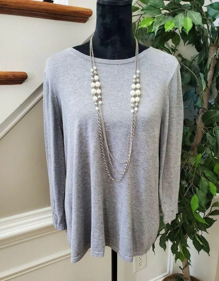 Loft Women's Solid Gray Cotton & Viscose Round Neck Long Sleeve Top Shirt Size L - Image 8