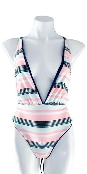 Maaji Safari Reversible Plunge One-Piece Swimsuit Stripe/Solid, Blue New w/Tag - Image 2