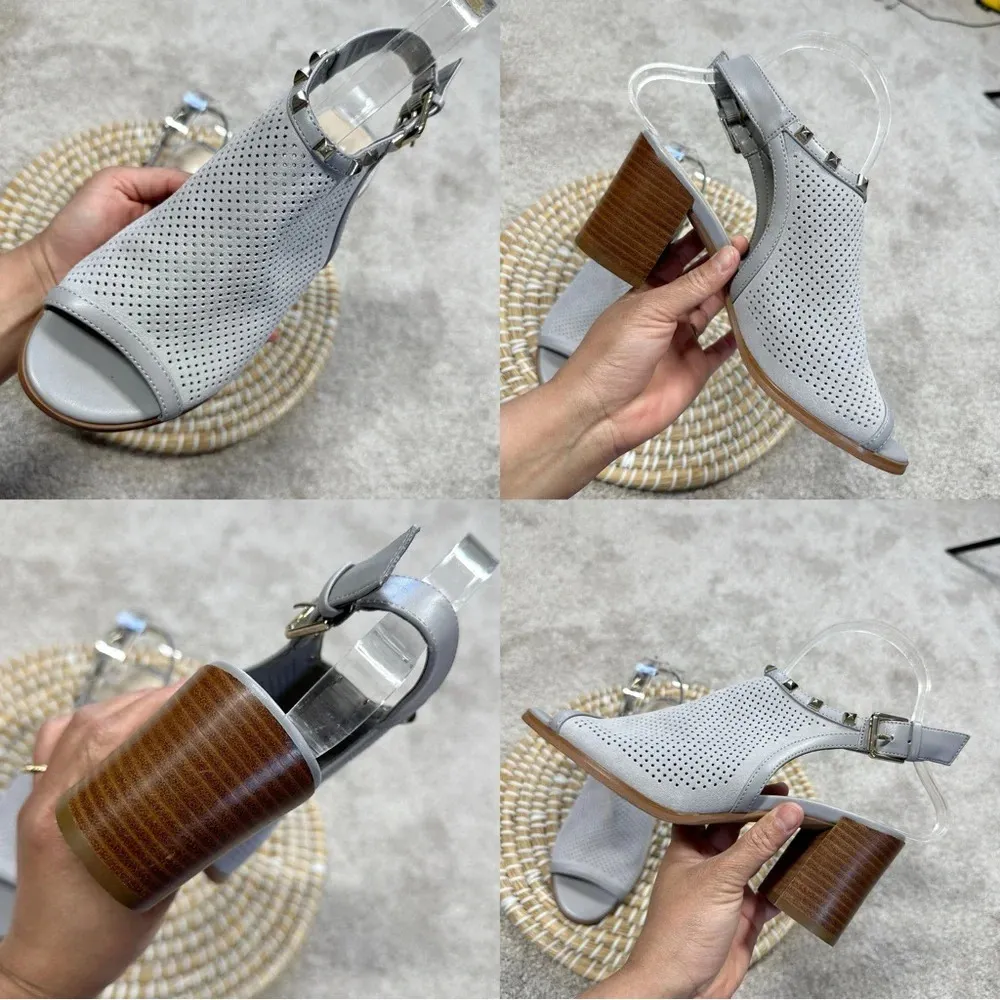 Marc Fisher Grey Suede Perforated Parso Studded Heeled Sandal Size 6.5 - Image 12