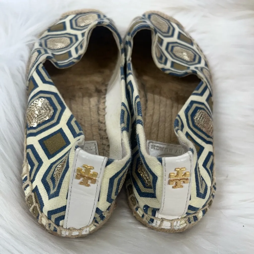 Tory Burch Cecily Embellished Espadrille Flats 6 Tan Canvas Sequin Rattan shoes - Image 9