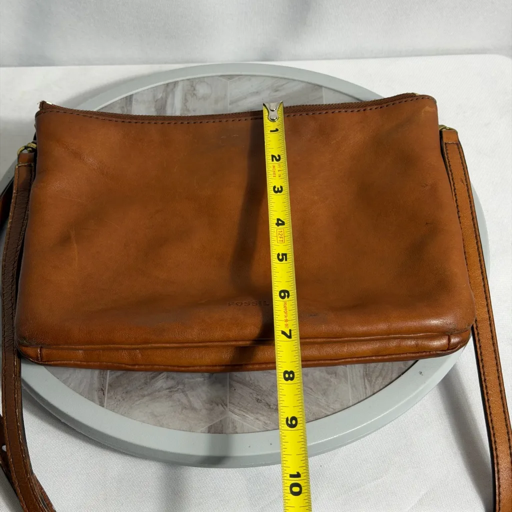 Fossil Brown Leather Crossbody Bag Double Zip Adjustable Strap Medium Purse - Image 9