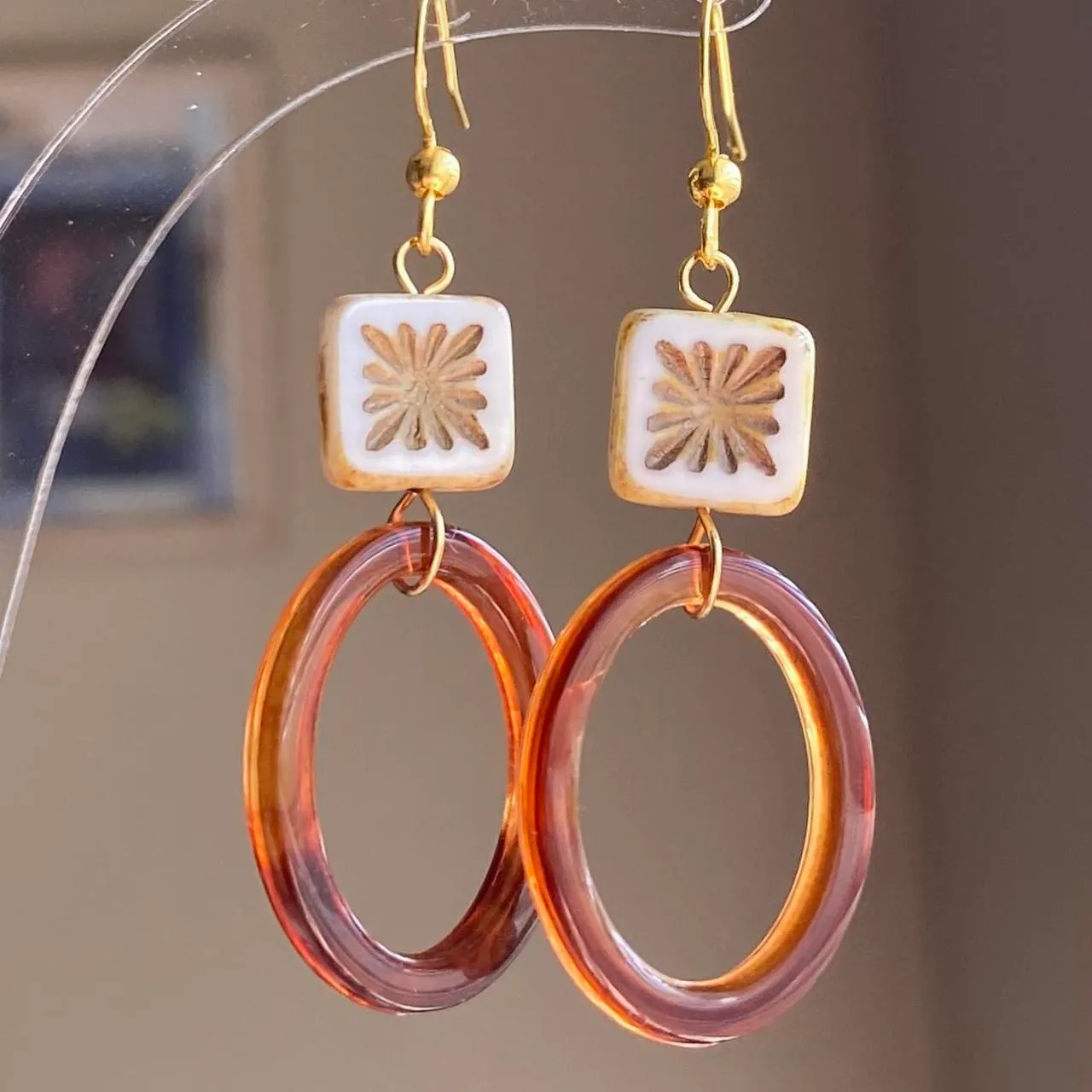 quality square Czech glass beads & oval hoops chic fairy boho vintage retro style dangle earrings🌿✨ - Image 3