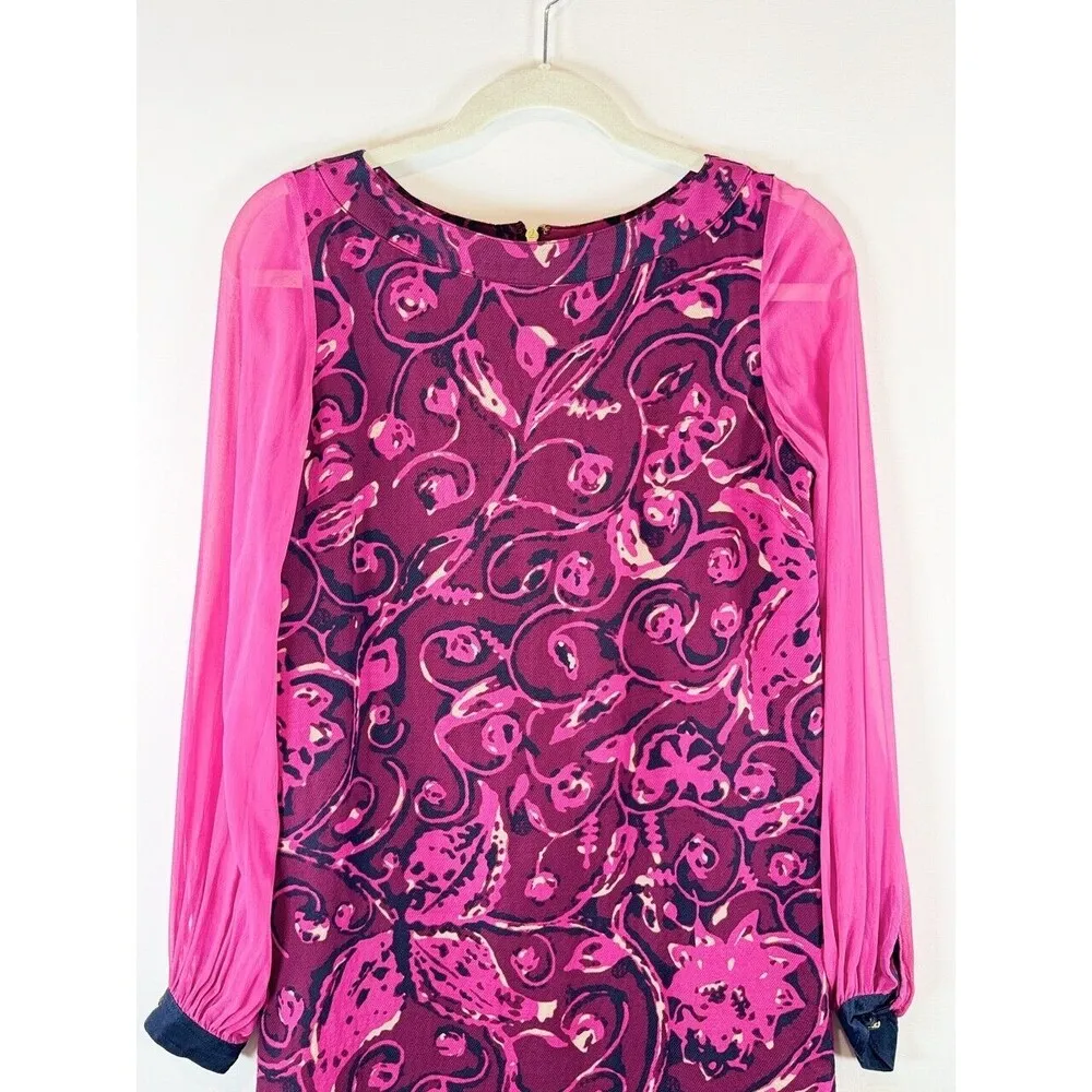 Tory Burch Dress Pink Floral Mini Sheath Wool Silk Long Sleeve Sheer Size 4 - Image 5