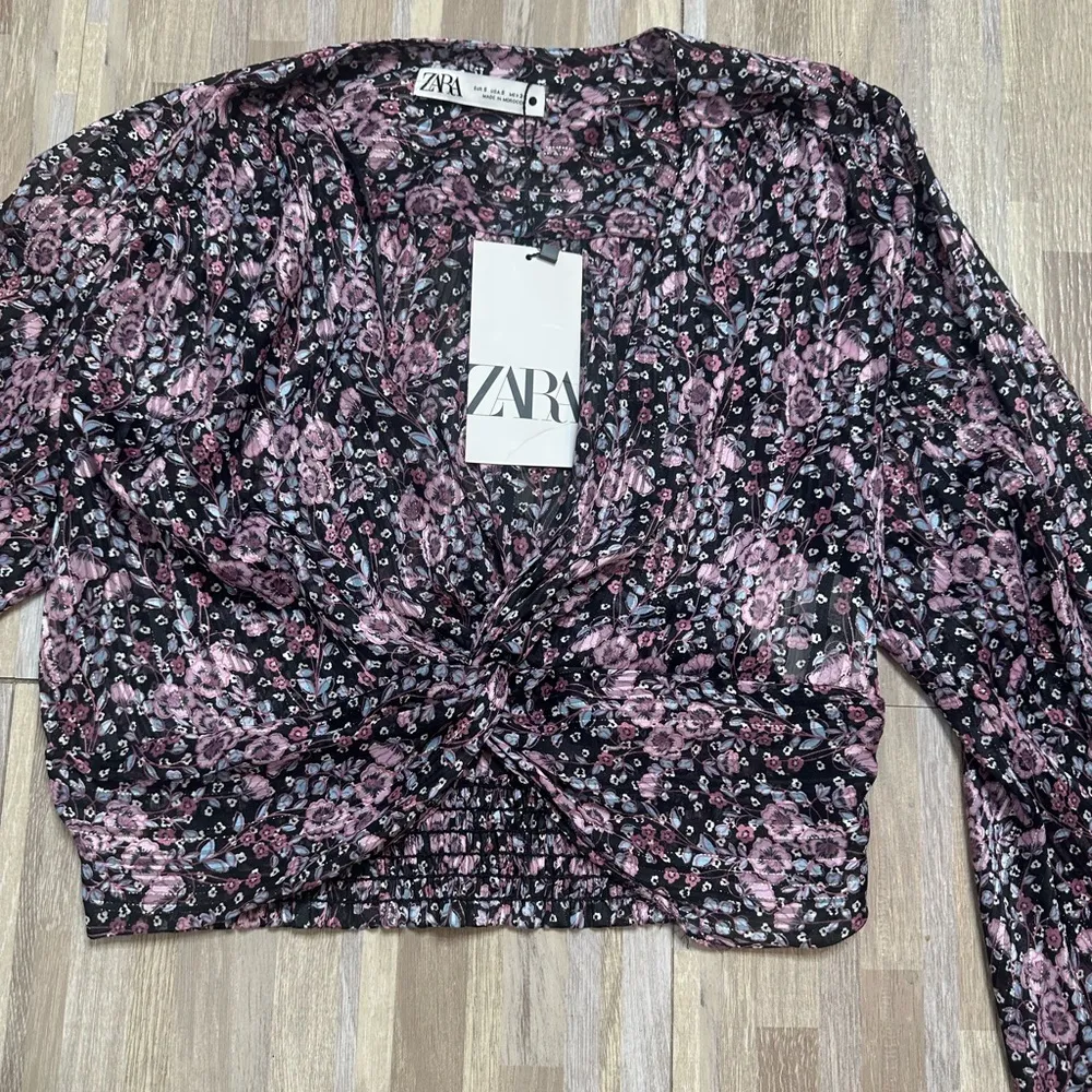 Zara Sheer Floral Cropped Blouse, Size Small - Image 2