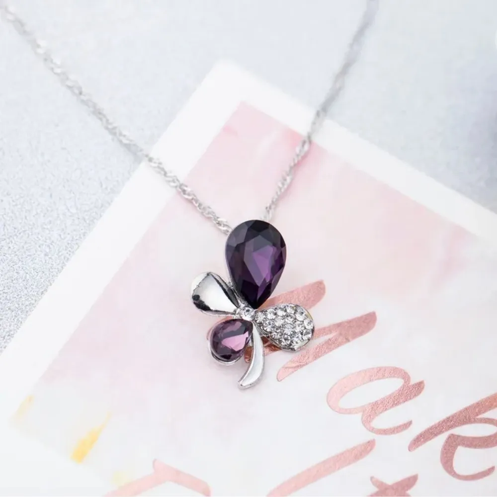 Silver Tone 4 Leaf Clover Purple Necklace - Image 2