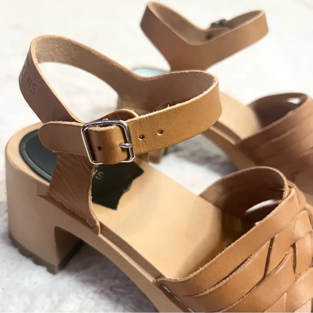Swedish Hasbeens Rutan Tan Leather & Wood Ankle Strap Lug Sole Sandals Size 7 - Image 5
