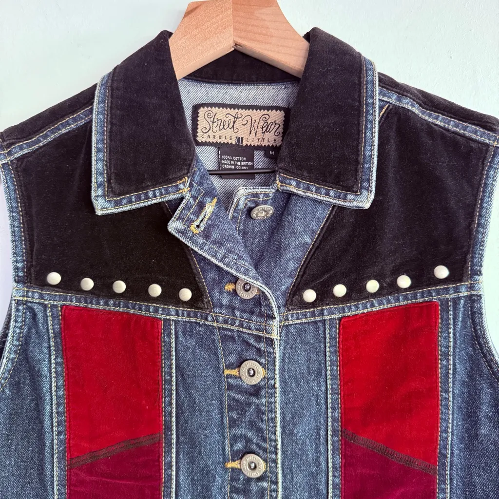 Vintage 70s Carole Little Street Wear Denim Vest Patchwork Western Boho Hippie M Blue Size M - Image 2