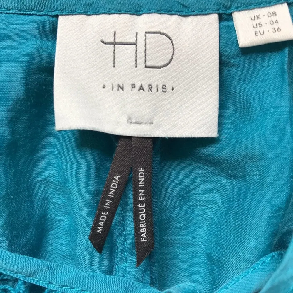 Anthropologie HD in Paris Sheer Tunic Dress Teal Blue Size 4 Crochet Sleeve Hem - Image 4