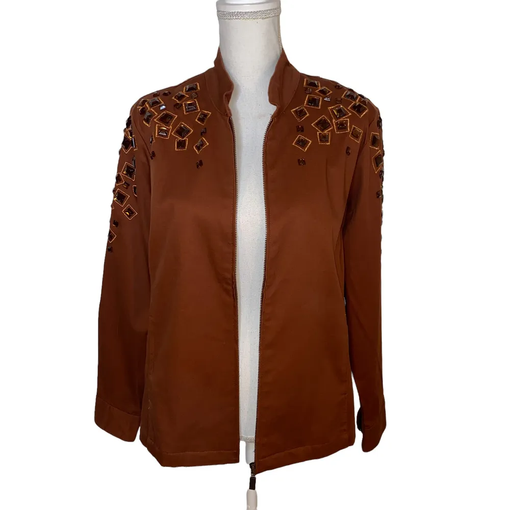 Bob Mackie Wearable Art Jacket Embellished Gems Full Zip, Brown, Size Medium - Image 4