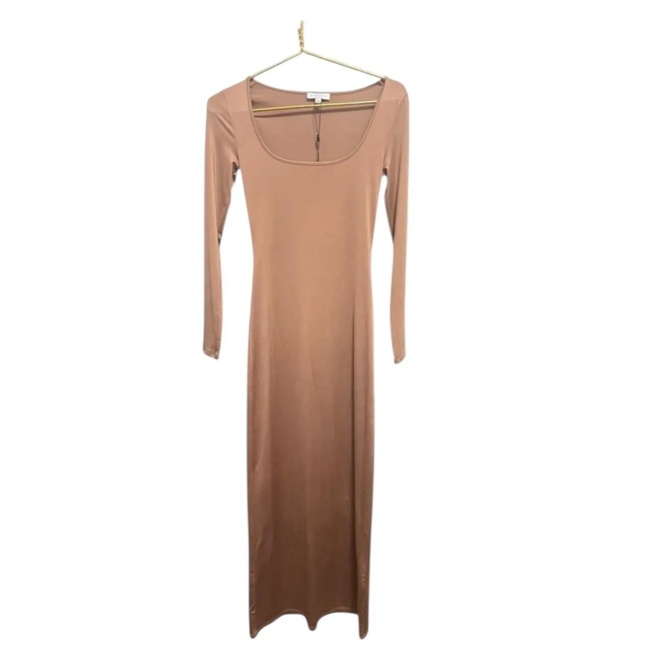 Gianni Bini Maxi Dress Womens XS Tan Bodycon Long Sleeve Scoop Neck Minimalist - Image 2