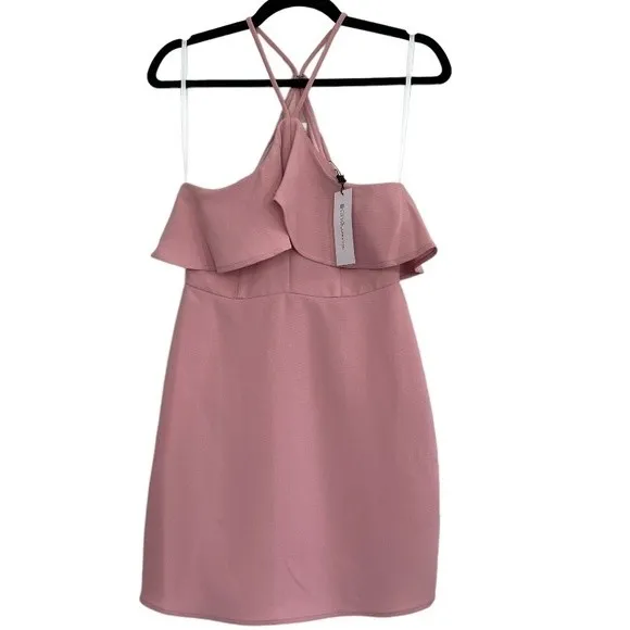 NWT‎ BCBGeneration Asymmetrical Ruffle Halter Mini Dress Pink Rose Size 2 - Image 2