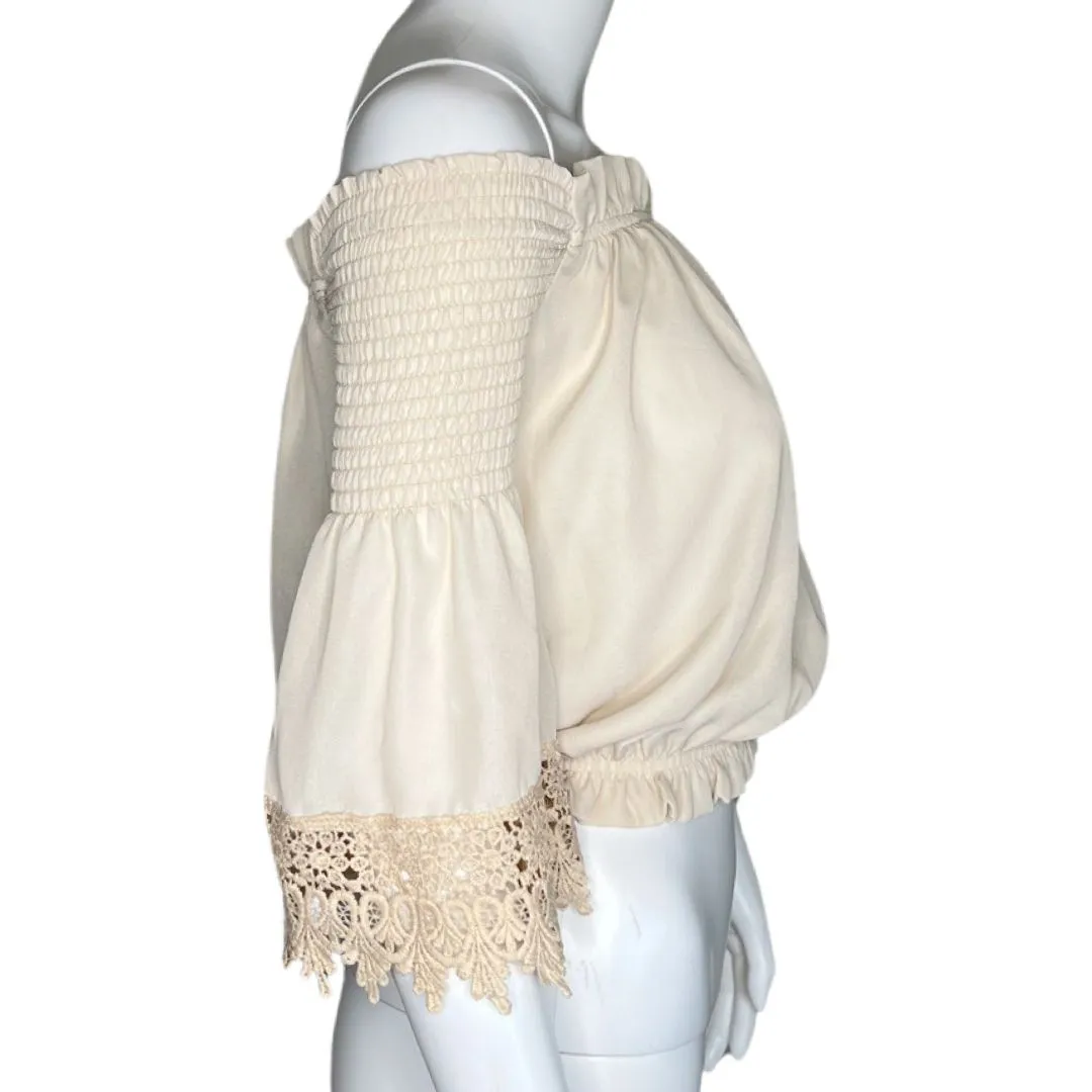 Revamped Shirt Womens XS Beige Bell Sleeve Lace Off The Shoulder Crop Neutral‎ - Image 2