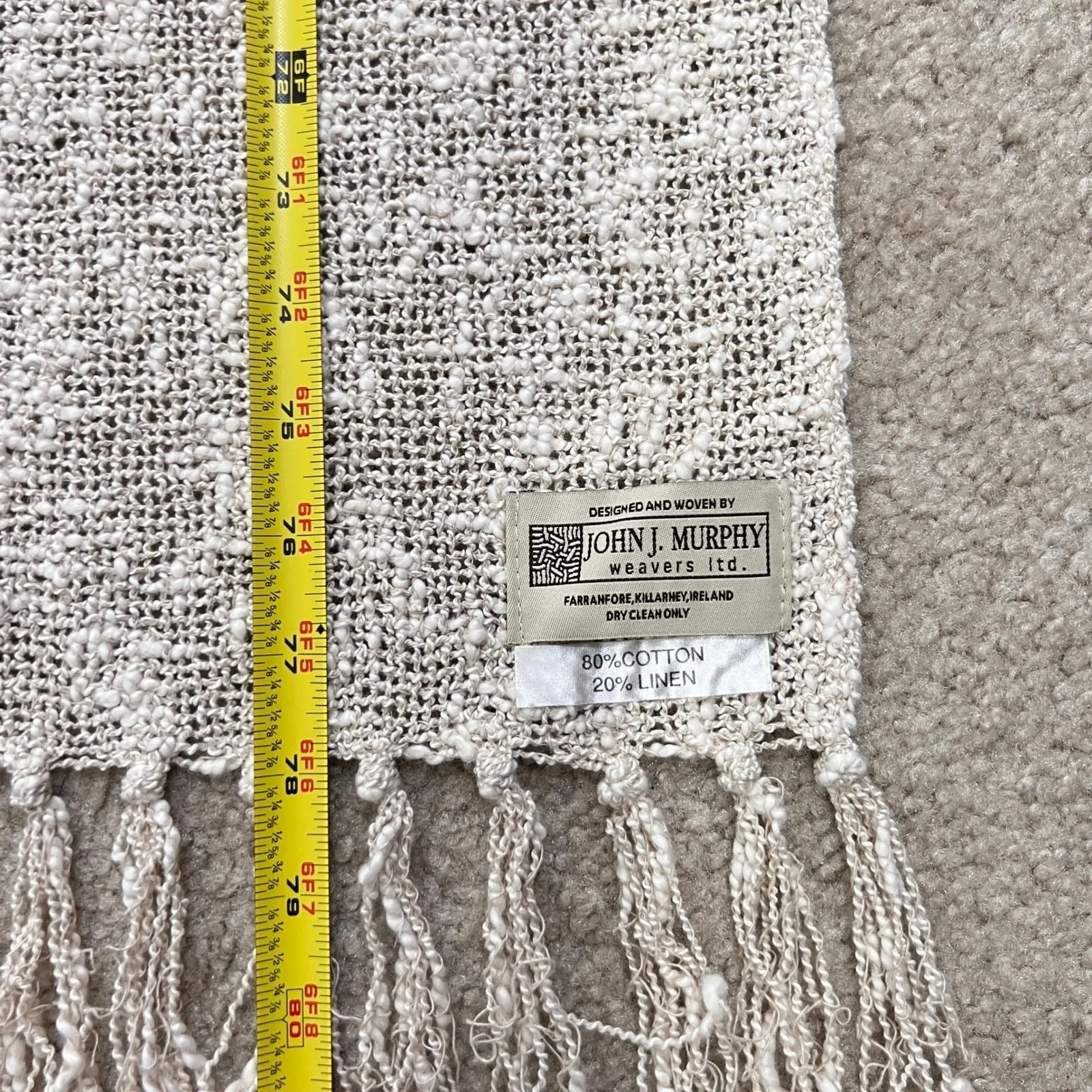 John J. Murphy Ireland Bouclé Scarf Wrap 80%Cotton 20%Linen Neutral Nubby Weave Tan - Image 4