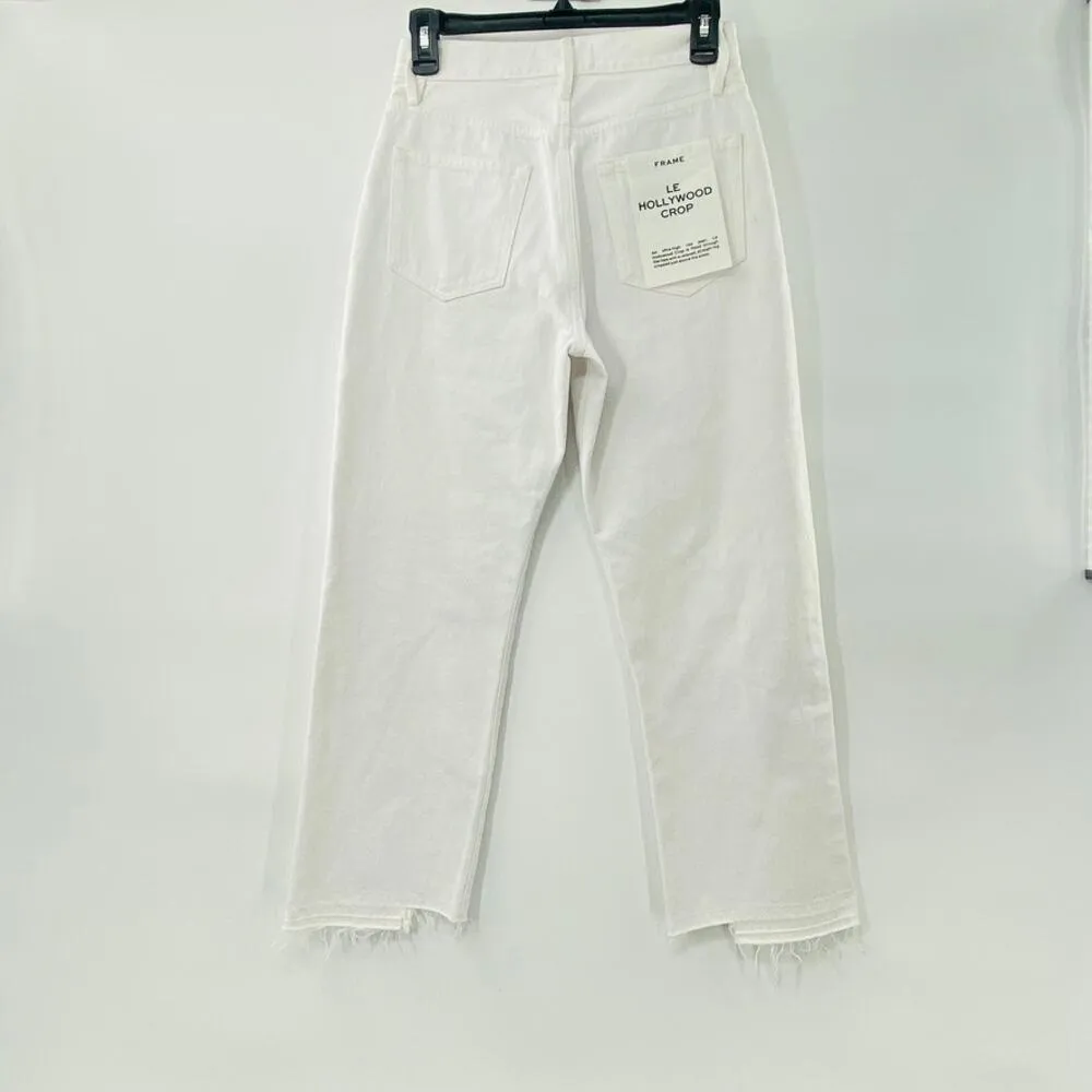 NEW FRAME Le Hollywood High Waist Ripped Crop Straight Leg Jeans Blanc Rips 25 - Image 9