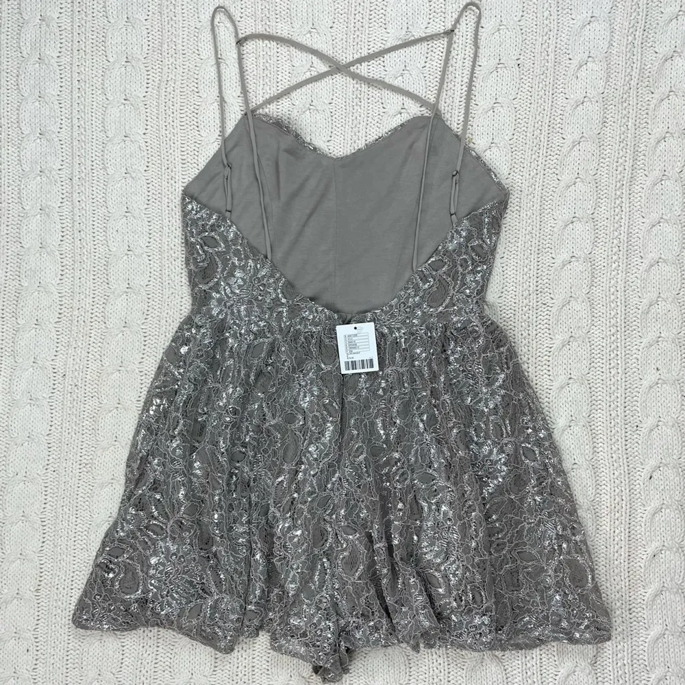 Kimchi Blue Strappy Victoria Shimmer Lace Romper in Silver - Image 3