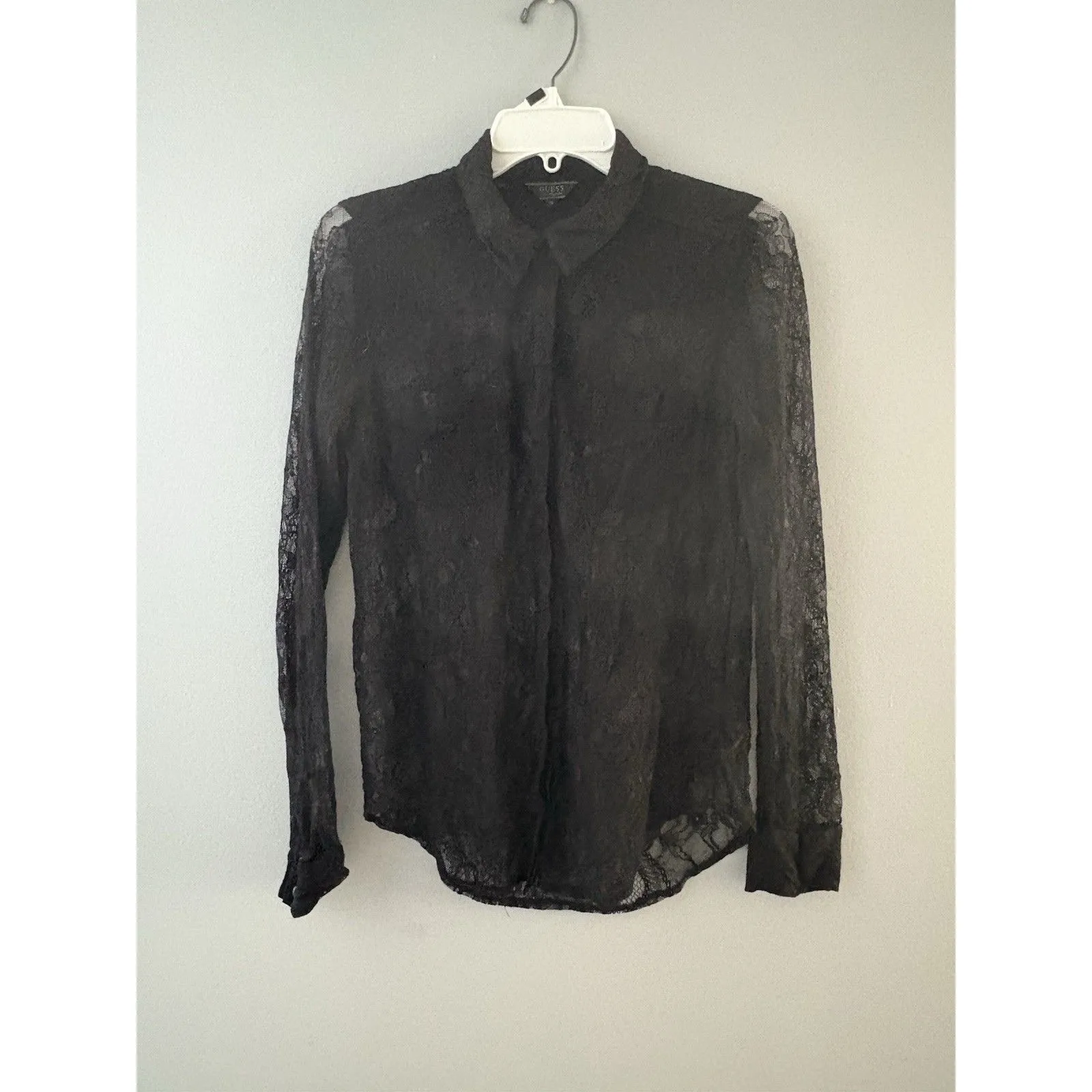 Guess Black Lace Top Size S Sheer Goth Vampire Witchy Whimsigoth Button Up - Image 16