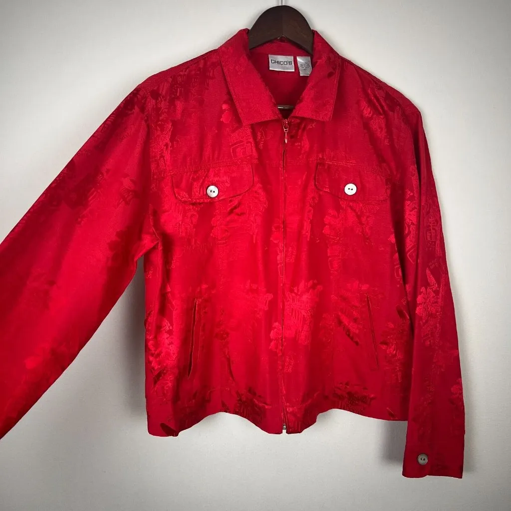 Chicos 1 Silk Blend Jacket Womens Medium Red Satin Pattern‎ Full Zip Lightweight - Image 4