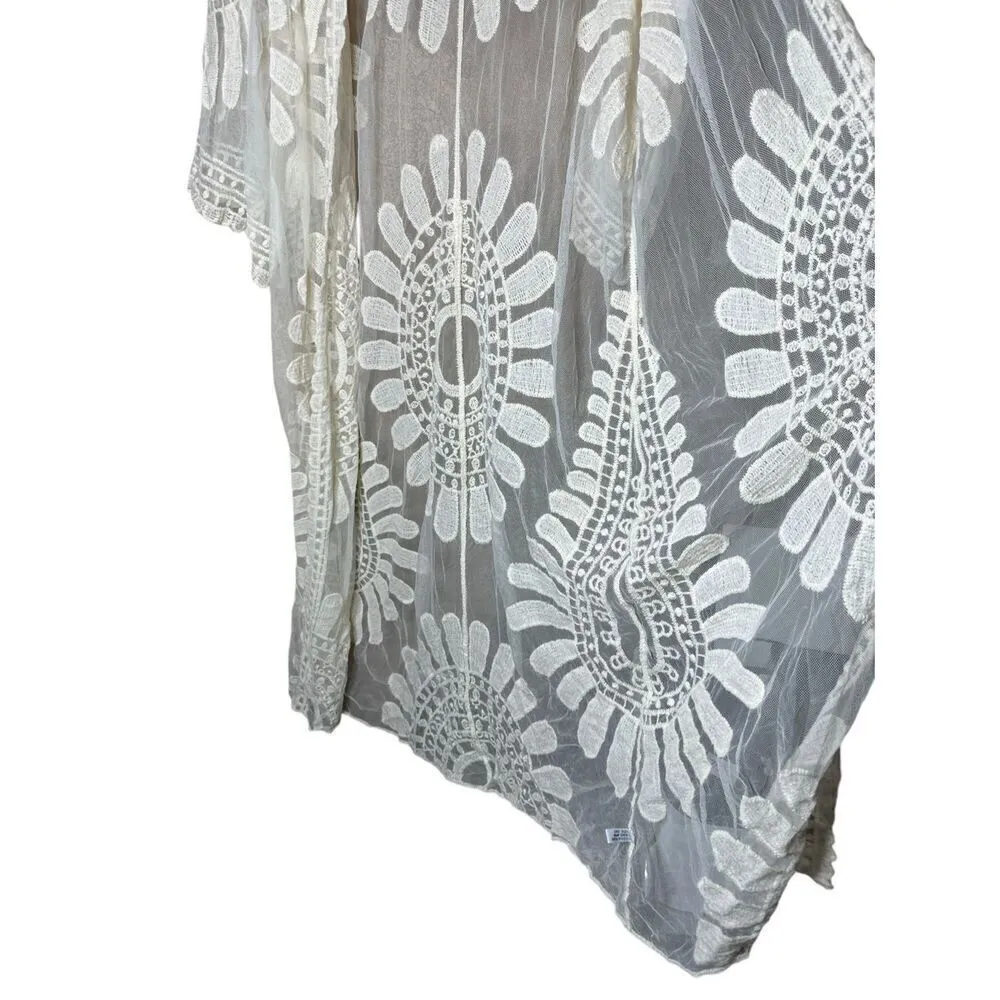 Lace Floral Duster Robe Beach Cover Festival Kimono Boho Cardigan Sheer One Size White Size undefined - Image 5