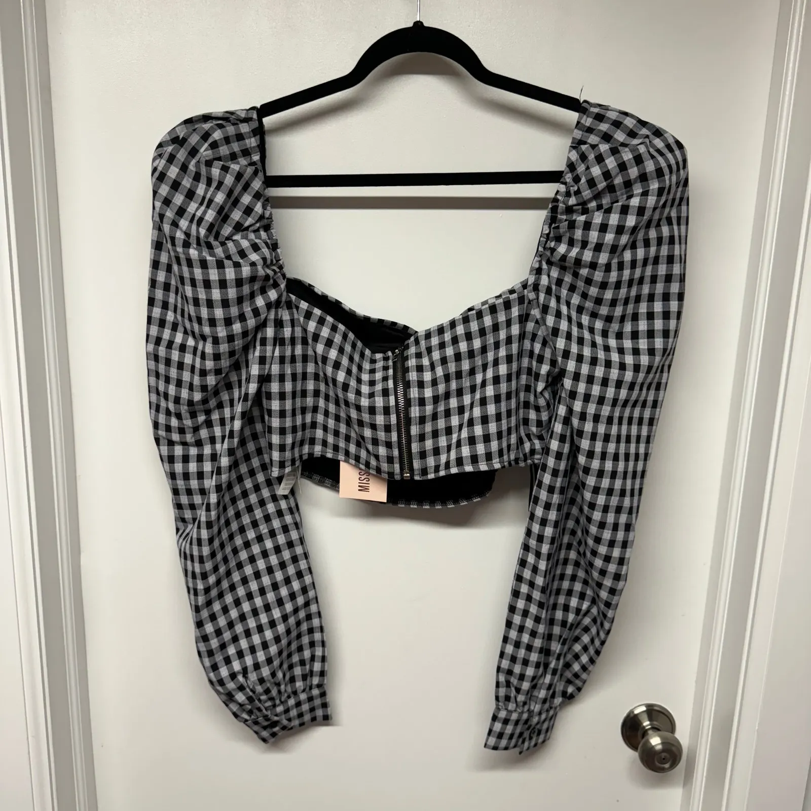 Missguided Puff Sleeve Corset Gingham Crop Top Black White L/S Size 10 Large NEW - Image 3