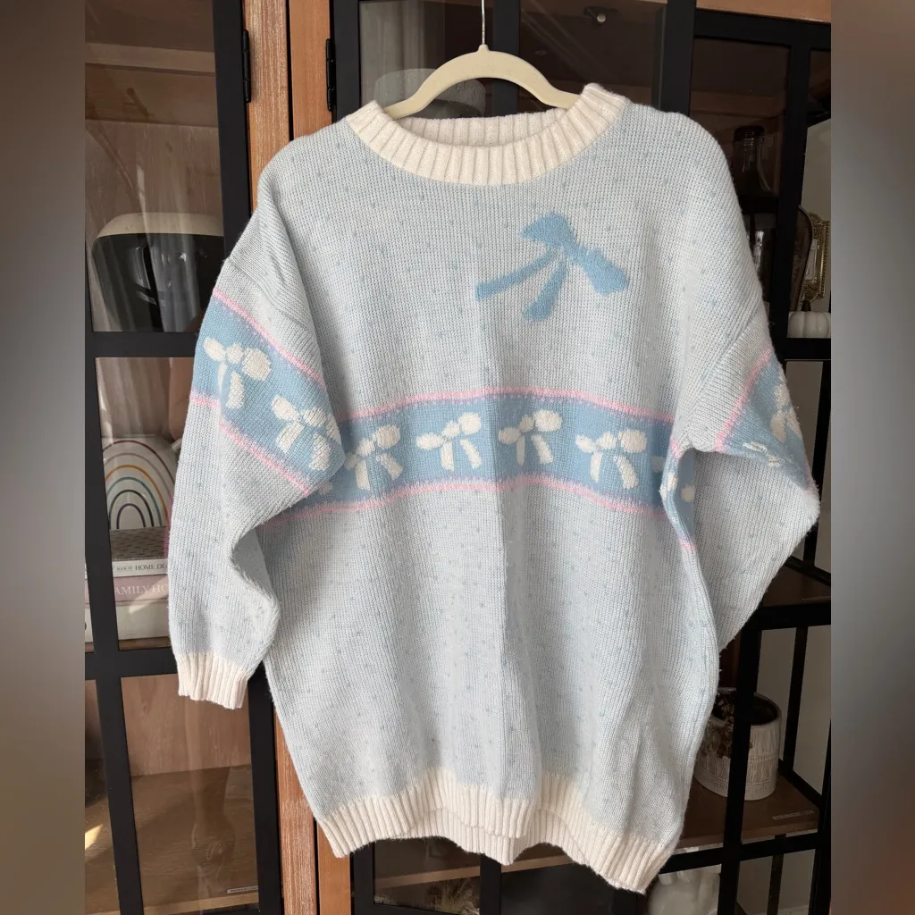 Vintage 80s Pastel Bow Sweater knit crewneck Pullover DELIVERYLtd grandmillenial Blue Size XL - Image 5